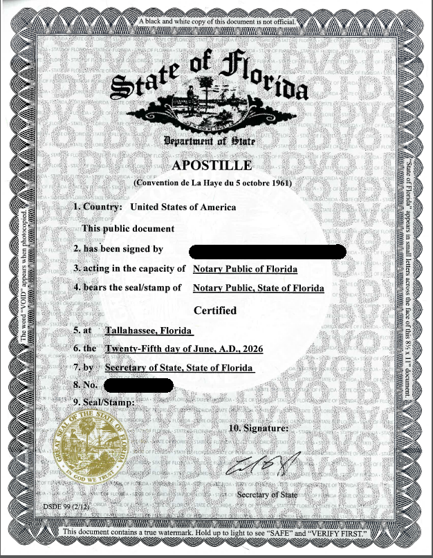 Ejemplo de certificado de apostilla emitido por el Departamento de Estado de Florida